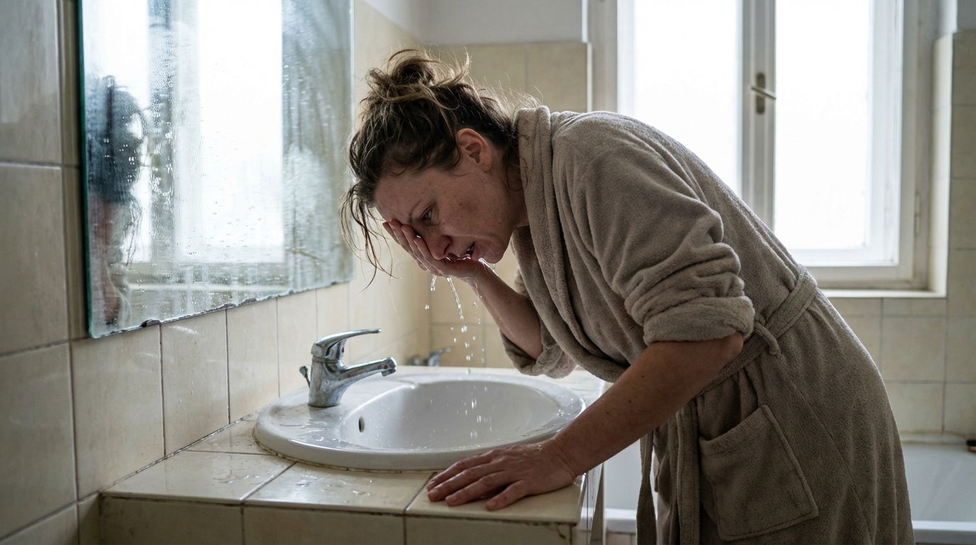 Woman splashing water at sink in morning light