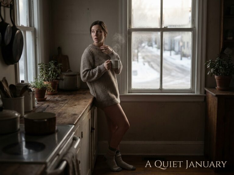 Woman holding a warm mug in a calm winter kitchen morning