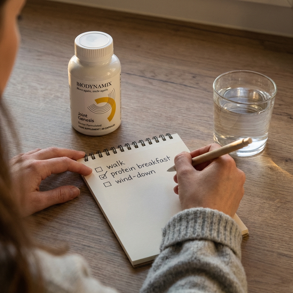 Joint Genesis bottle next to a simple daily habit list