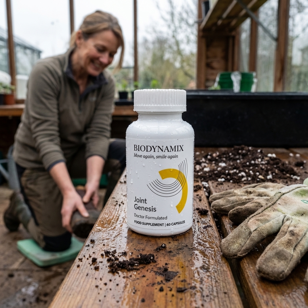 Joint Genesis on a garden bench while a woman kneels comfortably in the background