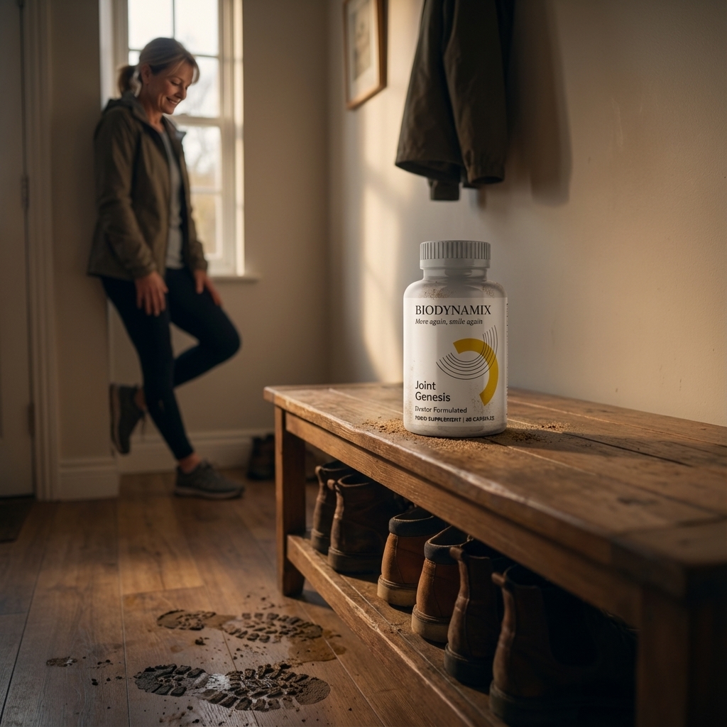 Joint Genesis on a mudroom bench with a woman stretching after a walk behind it
