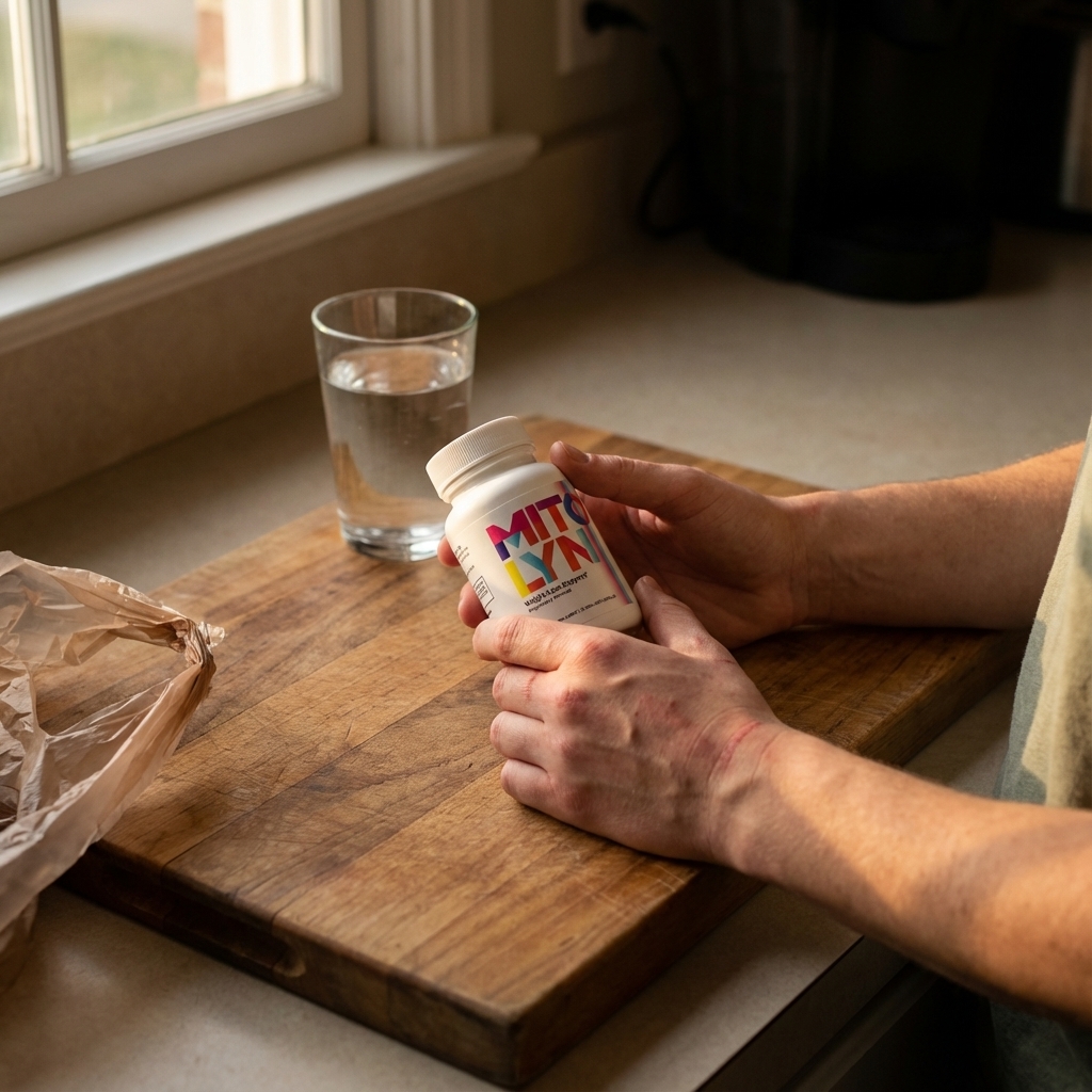 Hands resting on cutting board after groceries in warm kitchen light
