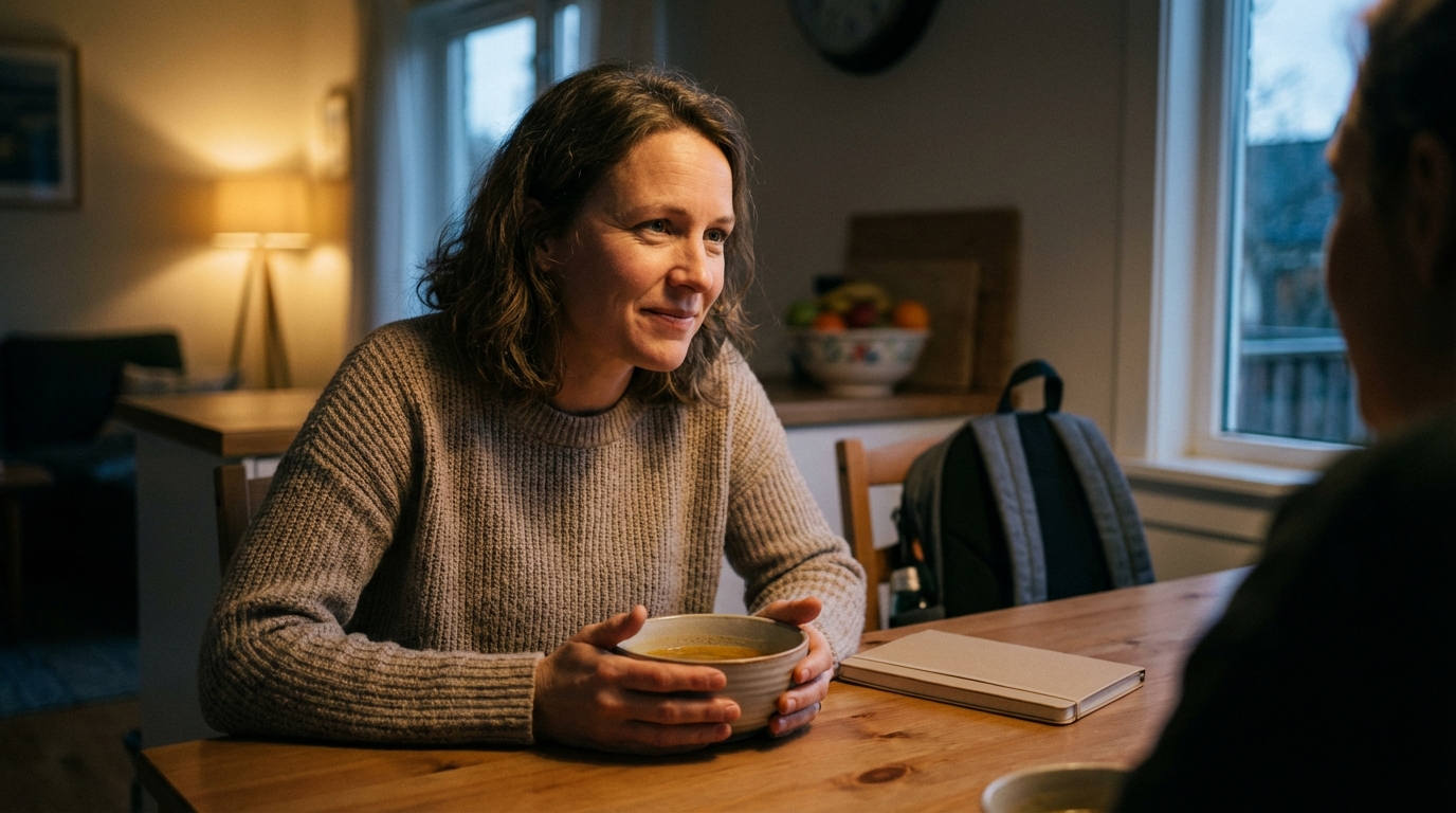Woman at kitchen table looking calm and reflective
