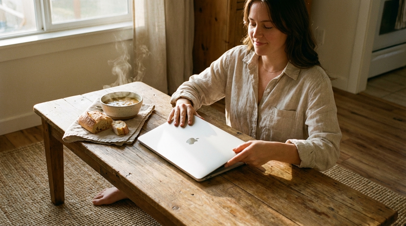 Woman closing laptop before sitting down to eat