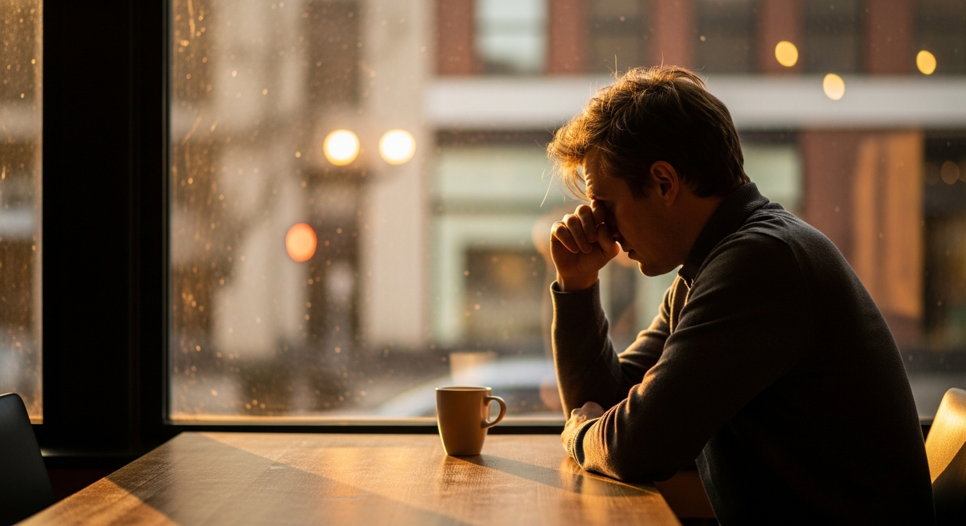 Person pauses at a window desk in late light