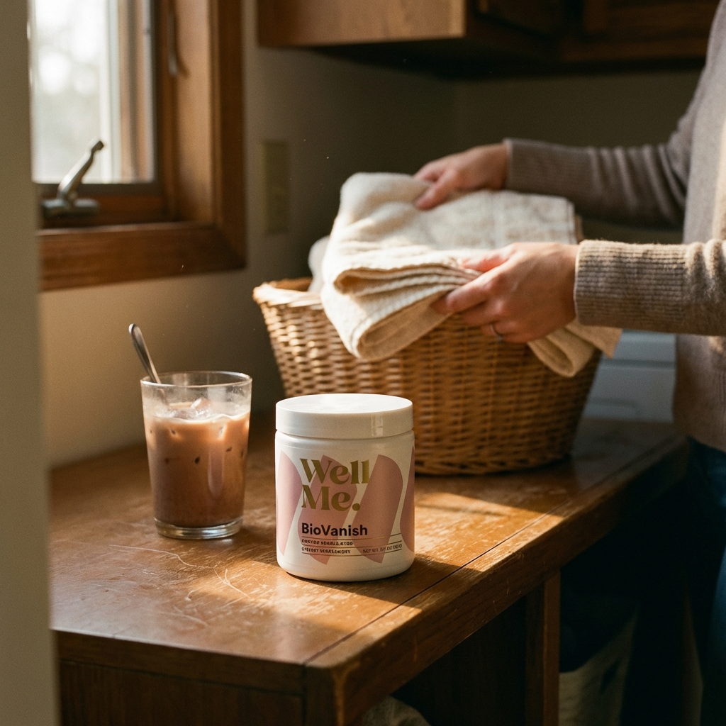 BioVanish jar on a bedside table in warm evening light beside a glass and spoon
