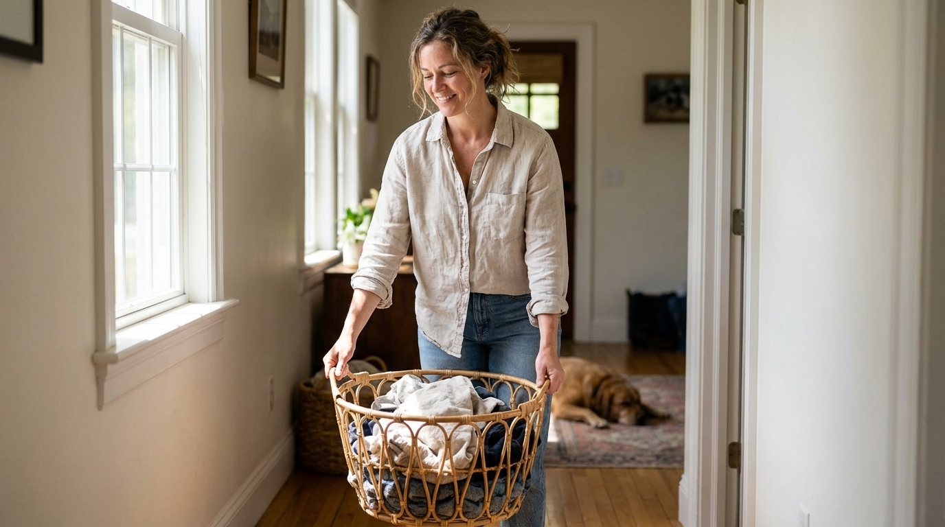 Woman lifting a laundry basket with relaxed posture