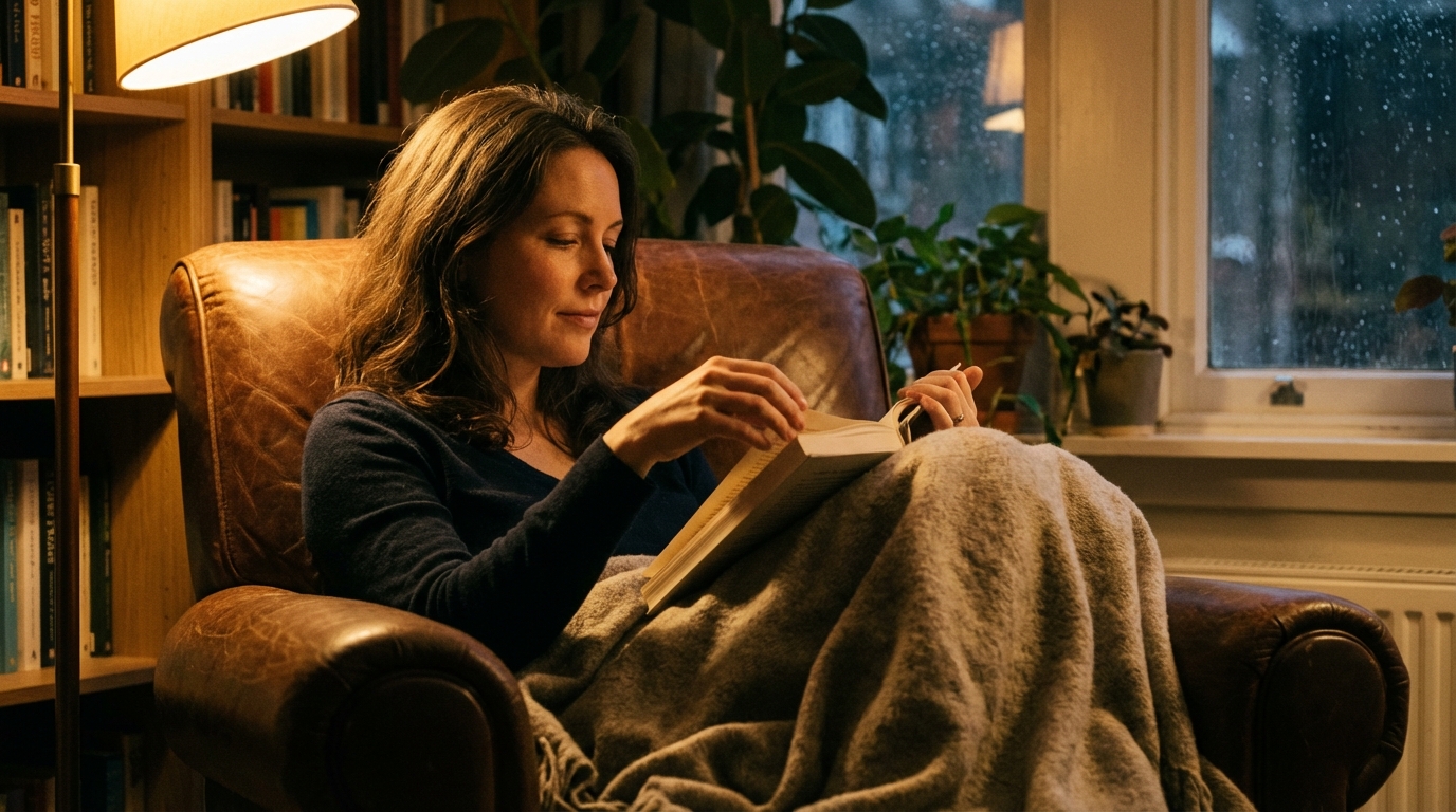 Woman reading under warm lamplight before bed