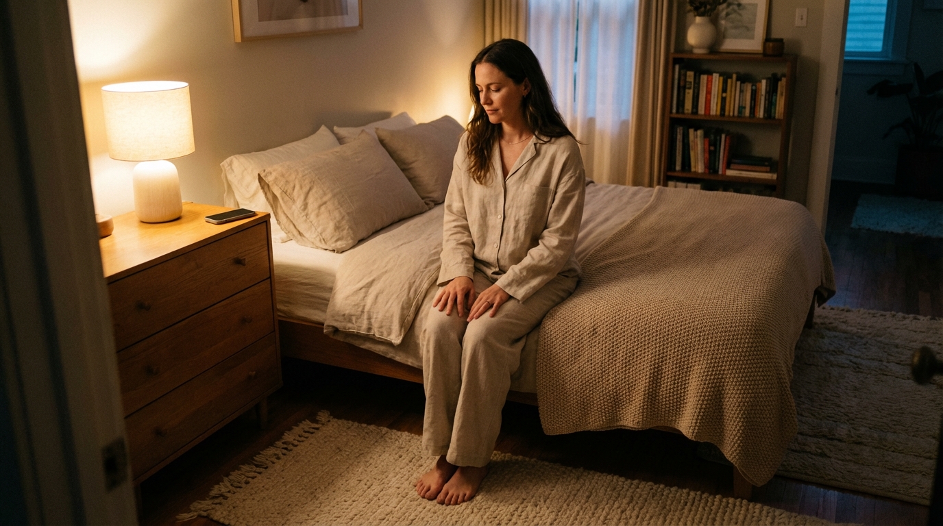 Woman sitting quietly before bed with phone put away