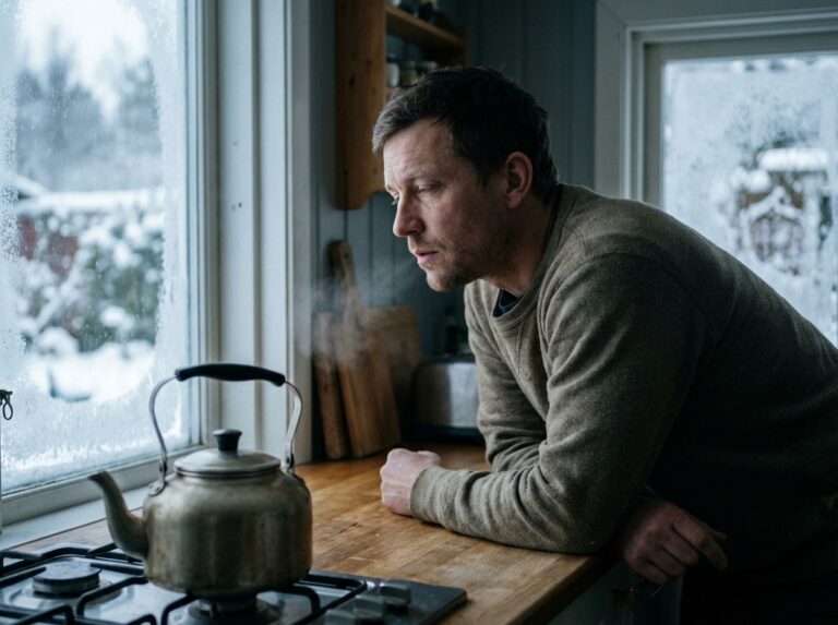 Man in quiet kitchen looking out frosted winter window