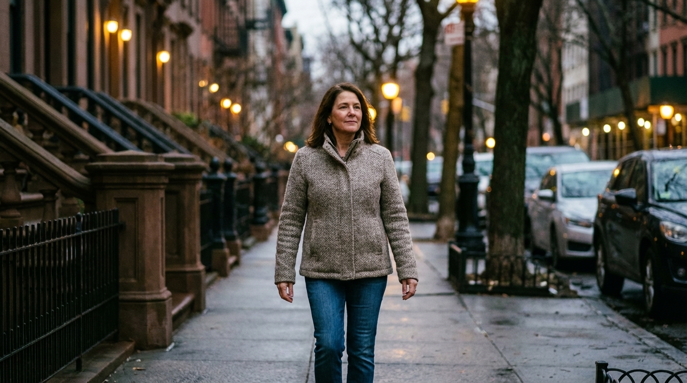 A woman walks at dusk with a calm, confident stride