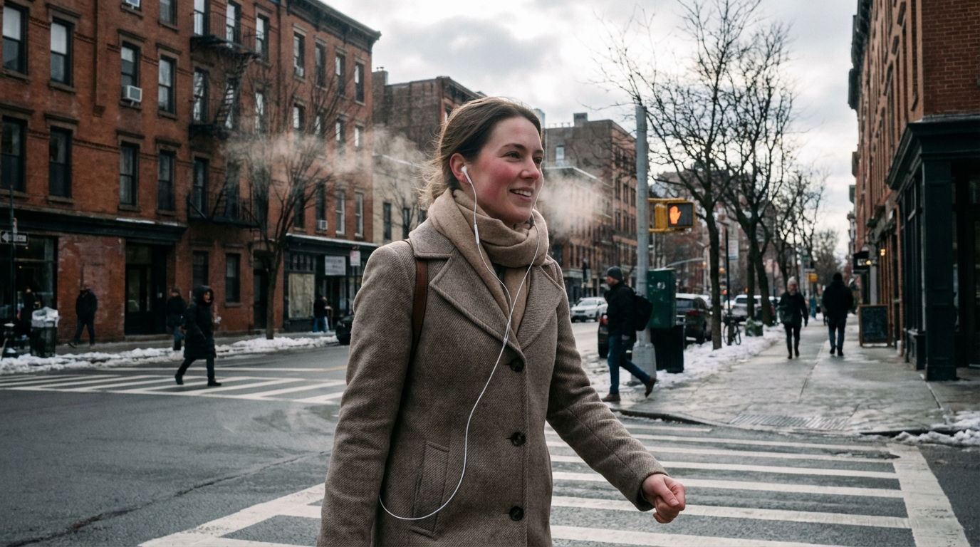 Woman walking briskly outside on a winter lunch break