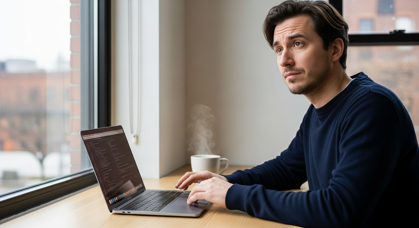 Paused at a laptop as focus slips