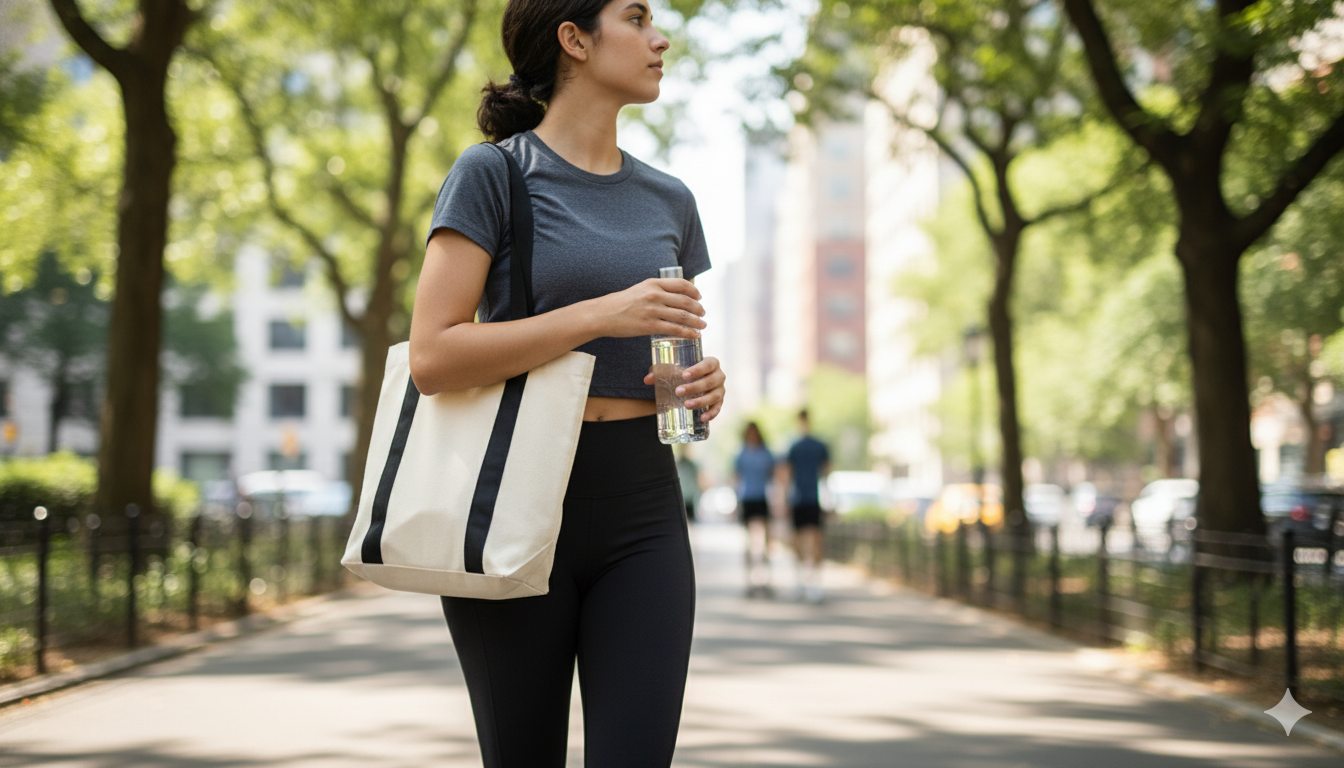 Brisk mid-day walk with water bottle