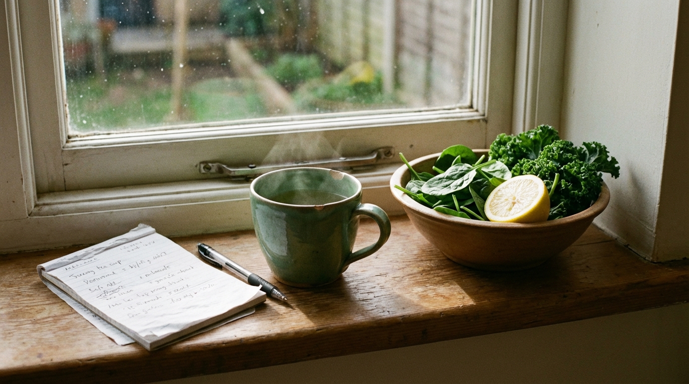 Green tea by a window with a simple lunch nearby