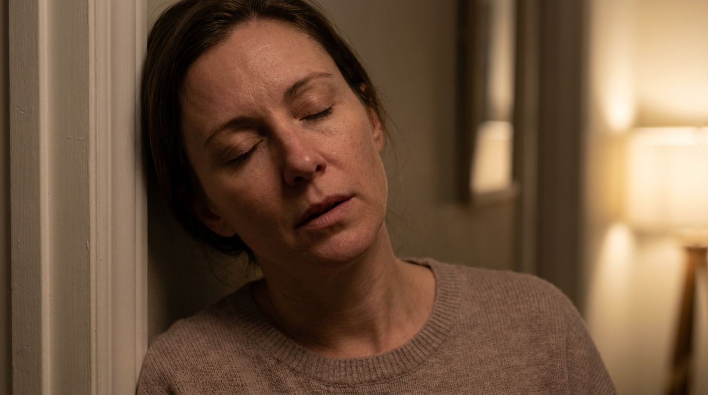 Woman pausing in hallway for one slow breath