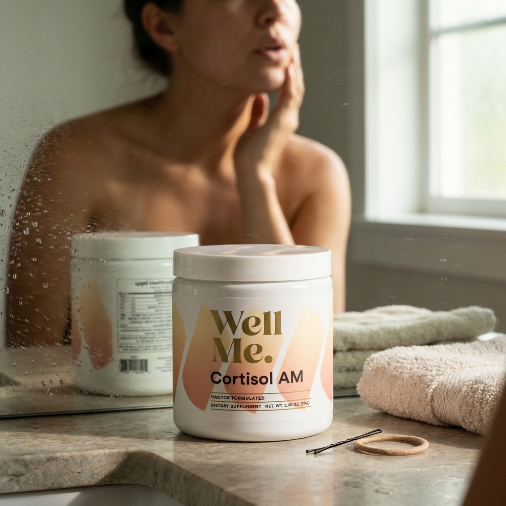 Cortisol AM on vanity during a calm jaw release morning