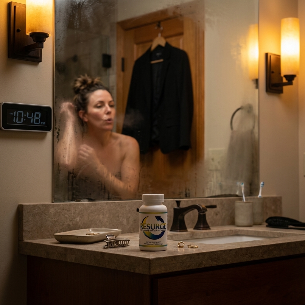 Resurge bottle in focus on a steamy bathroom vanity at night