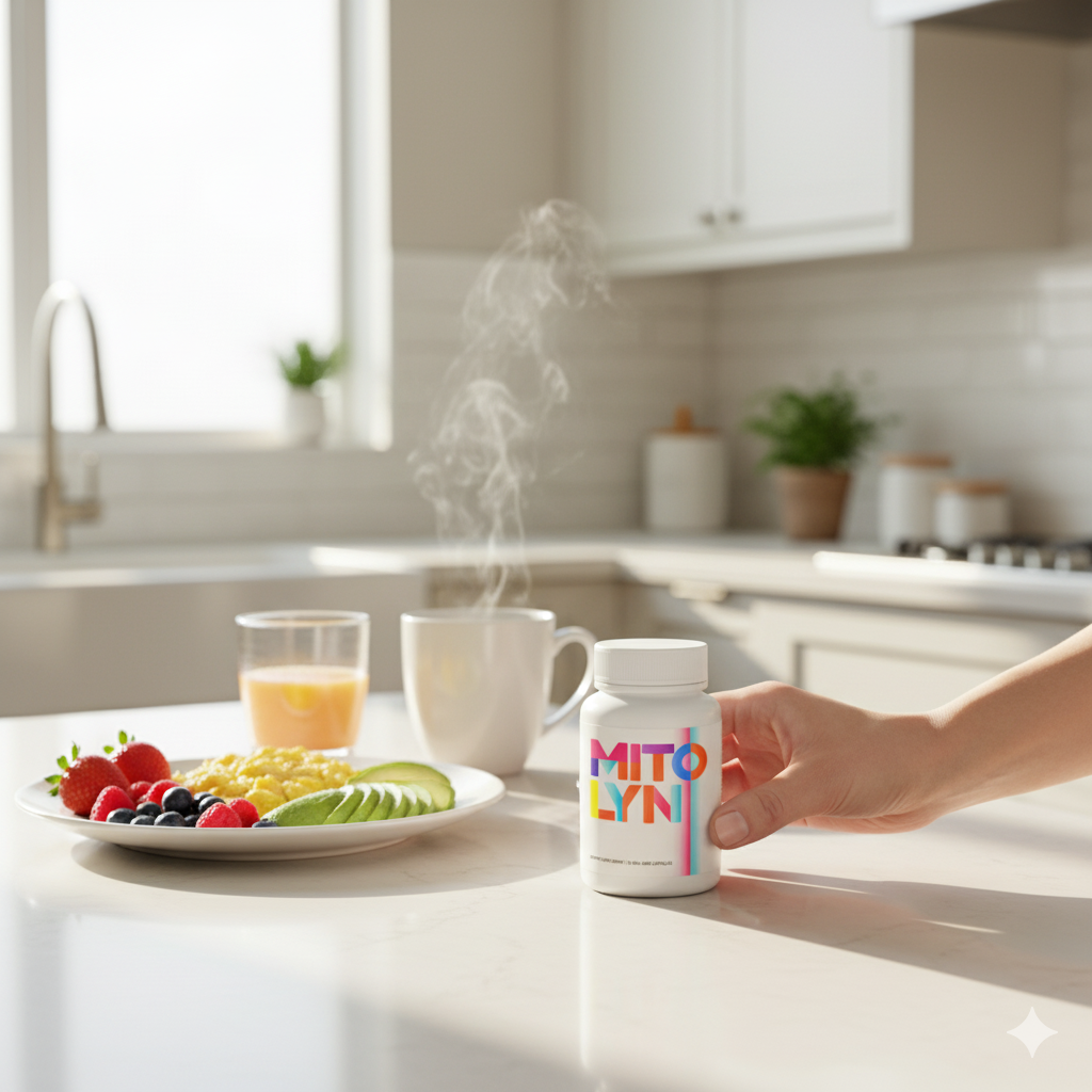 Mitolyn bottle by a balanced breakfast in soft morning light
