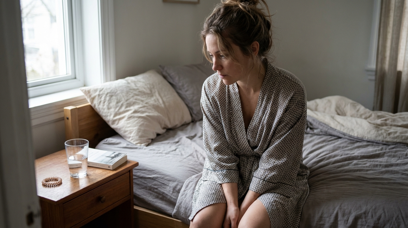 Woman sitting on bed in soft morning light looking tired