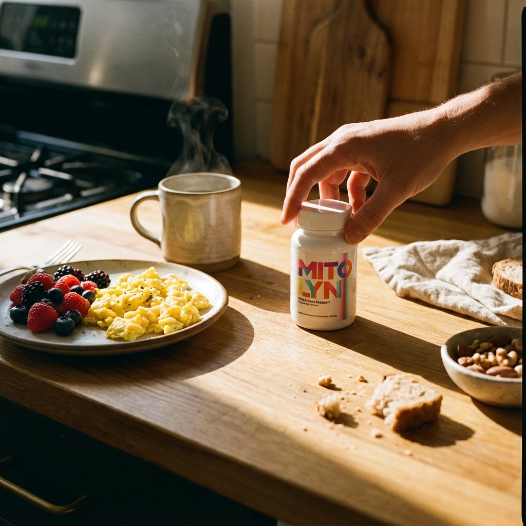 Morning breakfast setup with a hand reaching for a supplement bottle in soft sunlight