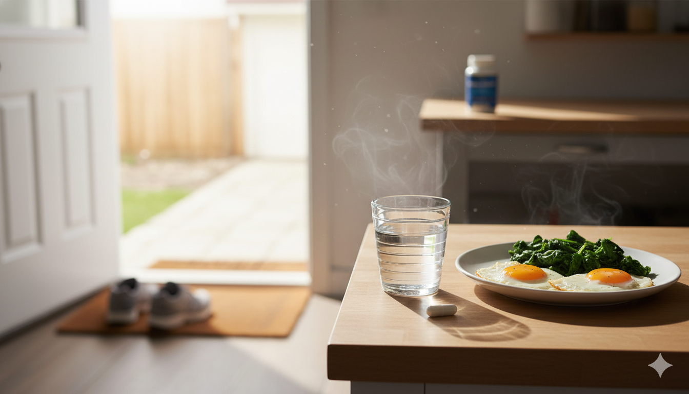 Morning scene with water, capsule, and light across the counter