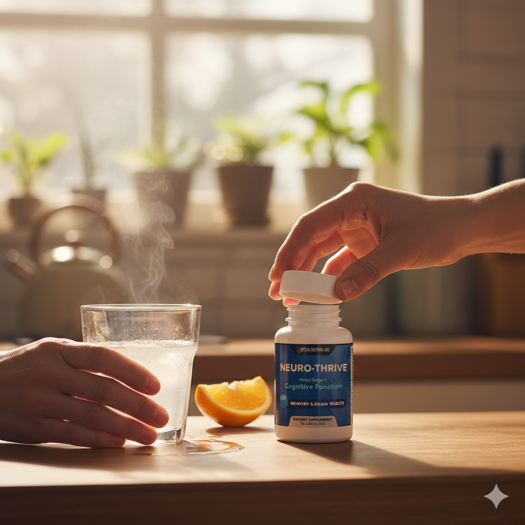 Hand opening Neuro-Thrive beside a cold morning glass