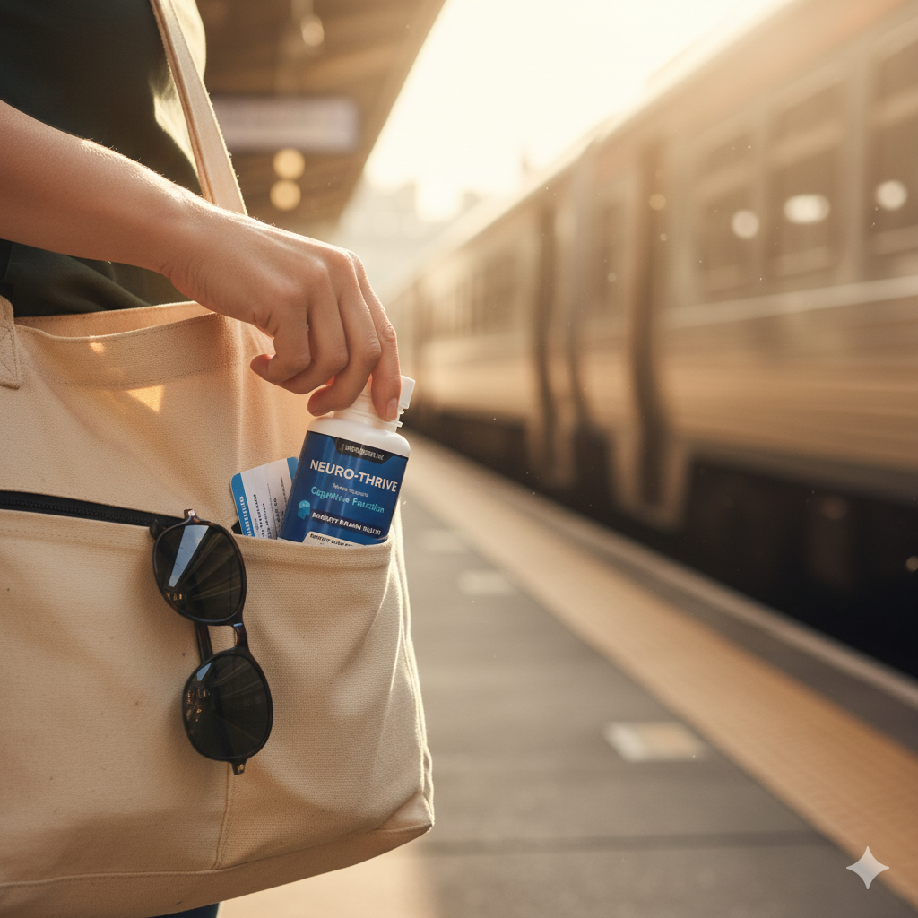 Neuro-Thrive sliding into a canvas tote at golden hour