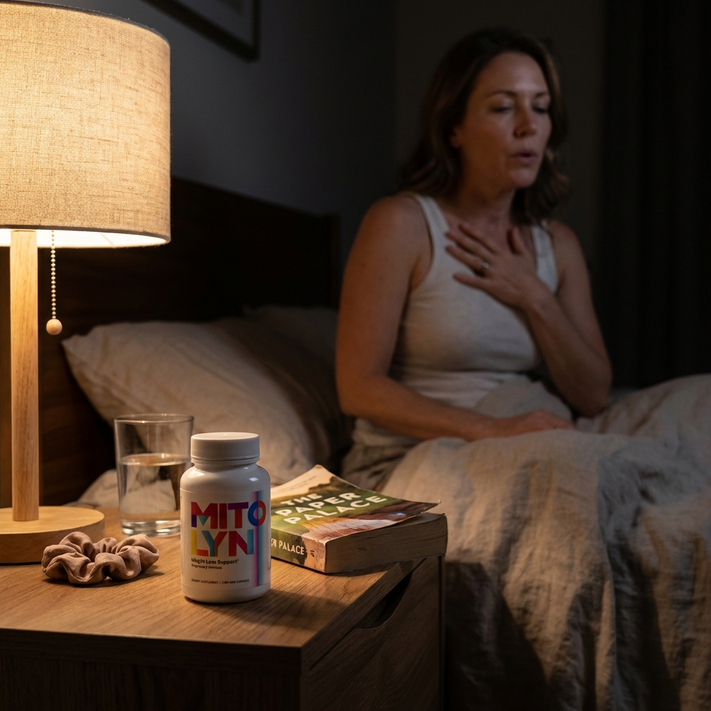 Mitolyn bottle on nightstand in warm lamplight