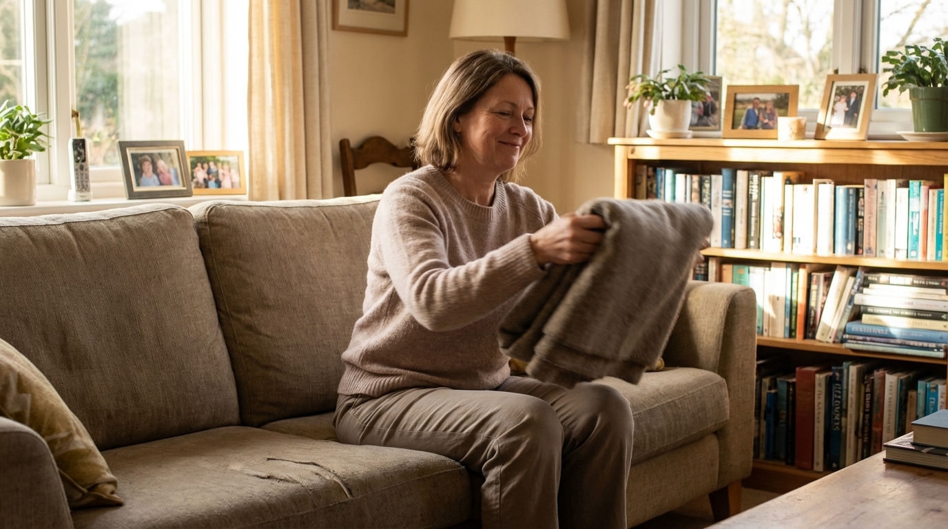 A woman stands up from a couch with a relaxed smile