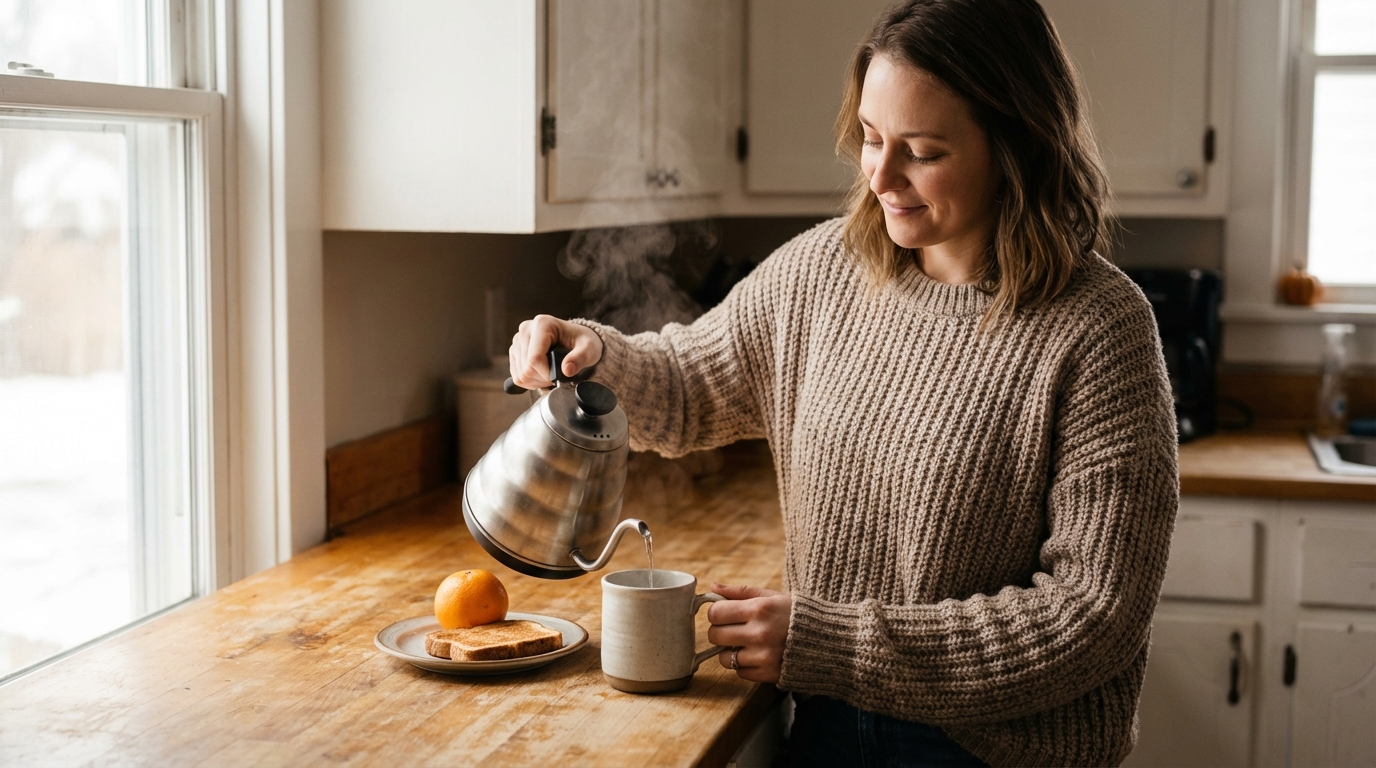 Woman making coffee calmly in morning light