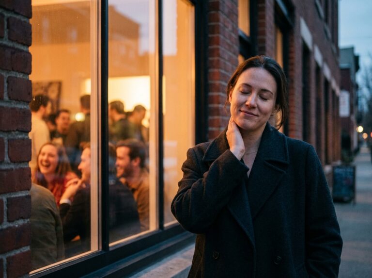 Woman outside a warm lit room exhaling in cool dusk air