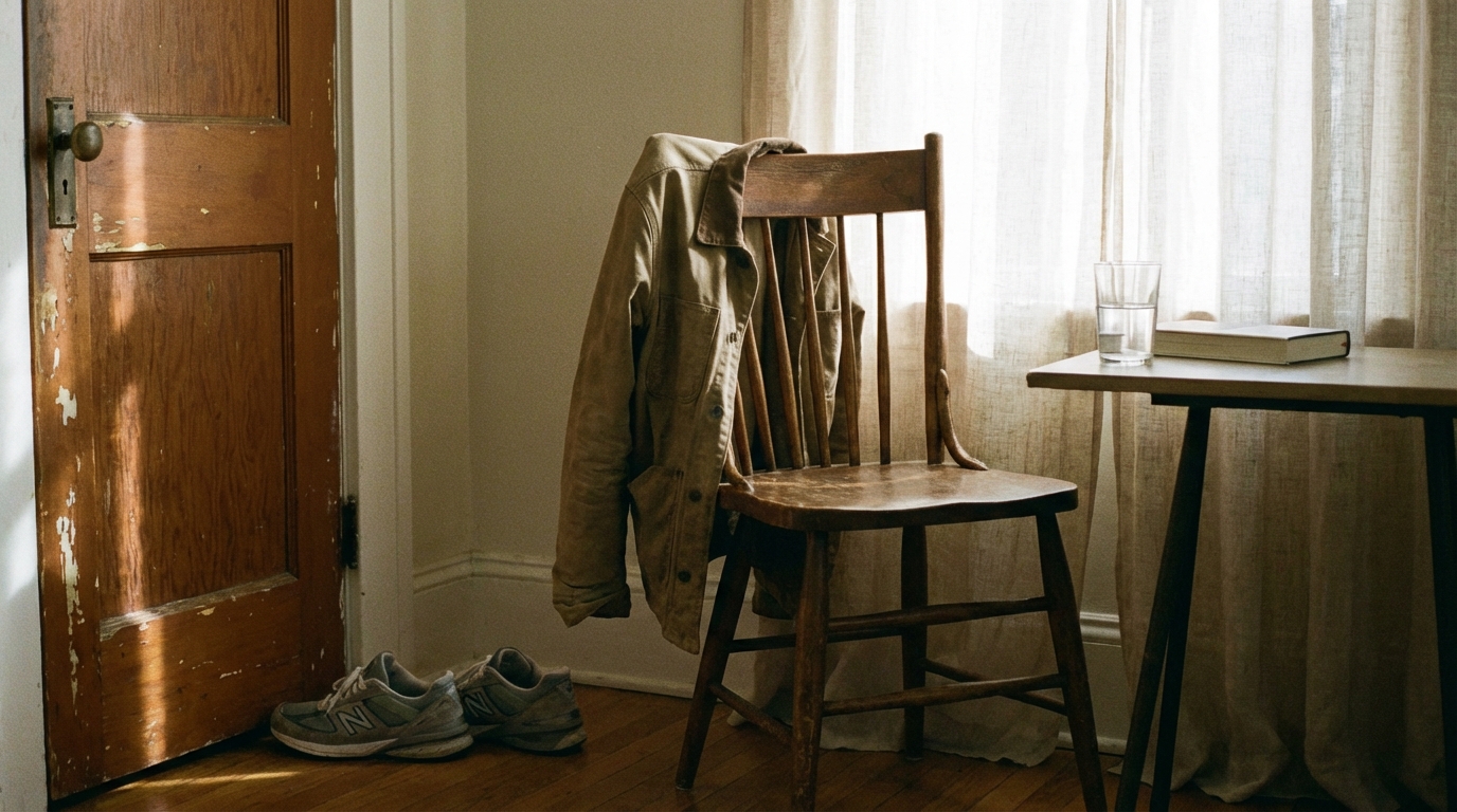 Sneakers by the door beside a glass of water in soft morning light