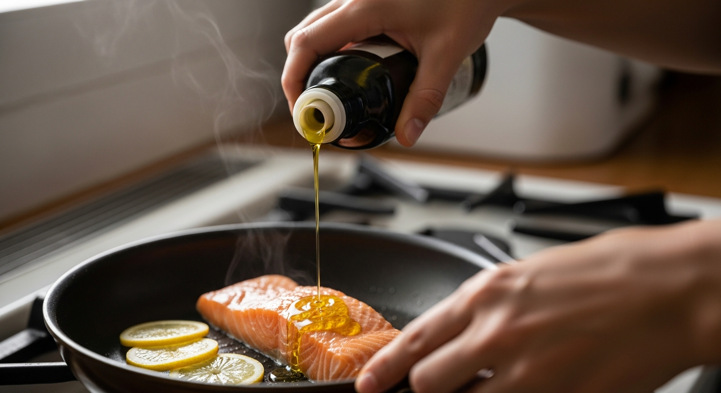Olive oil and salmon in a home pan