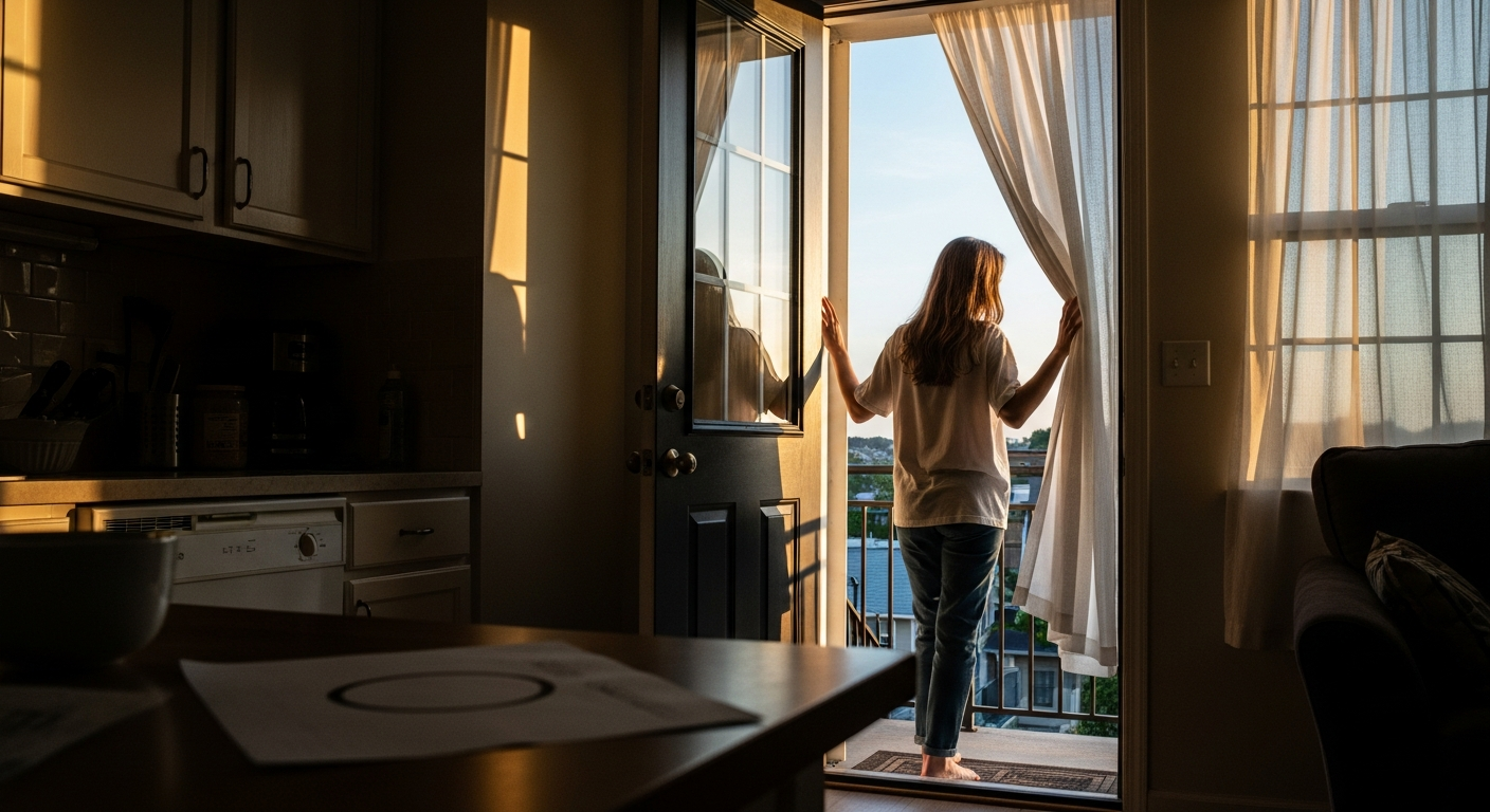 Person pauses in a doorway between a lab page inside and open sky outside