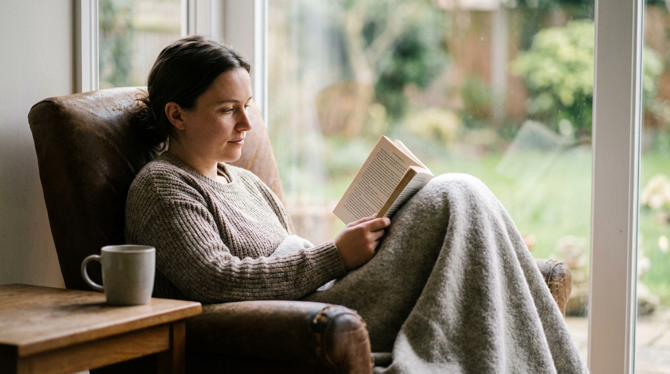 Person reading calmly by a window in soft light