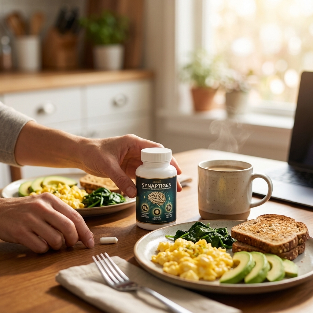 Morning eggs, greens, and a once-daily brain supplement beside a pill organizer.