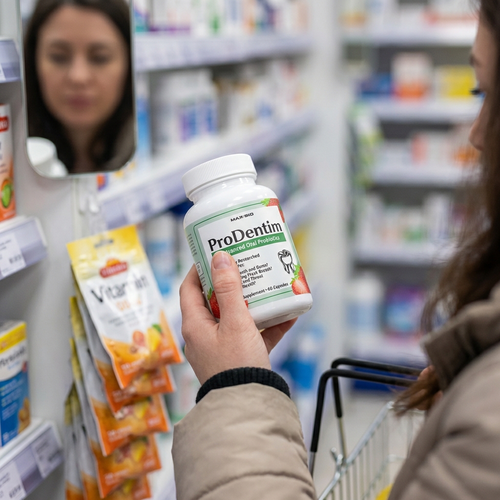 Hand holding ProDentim in a pharmacy aisle with shelves blurred behind