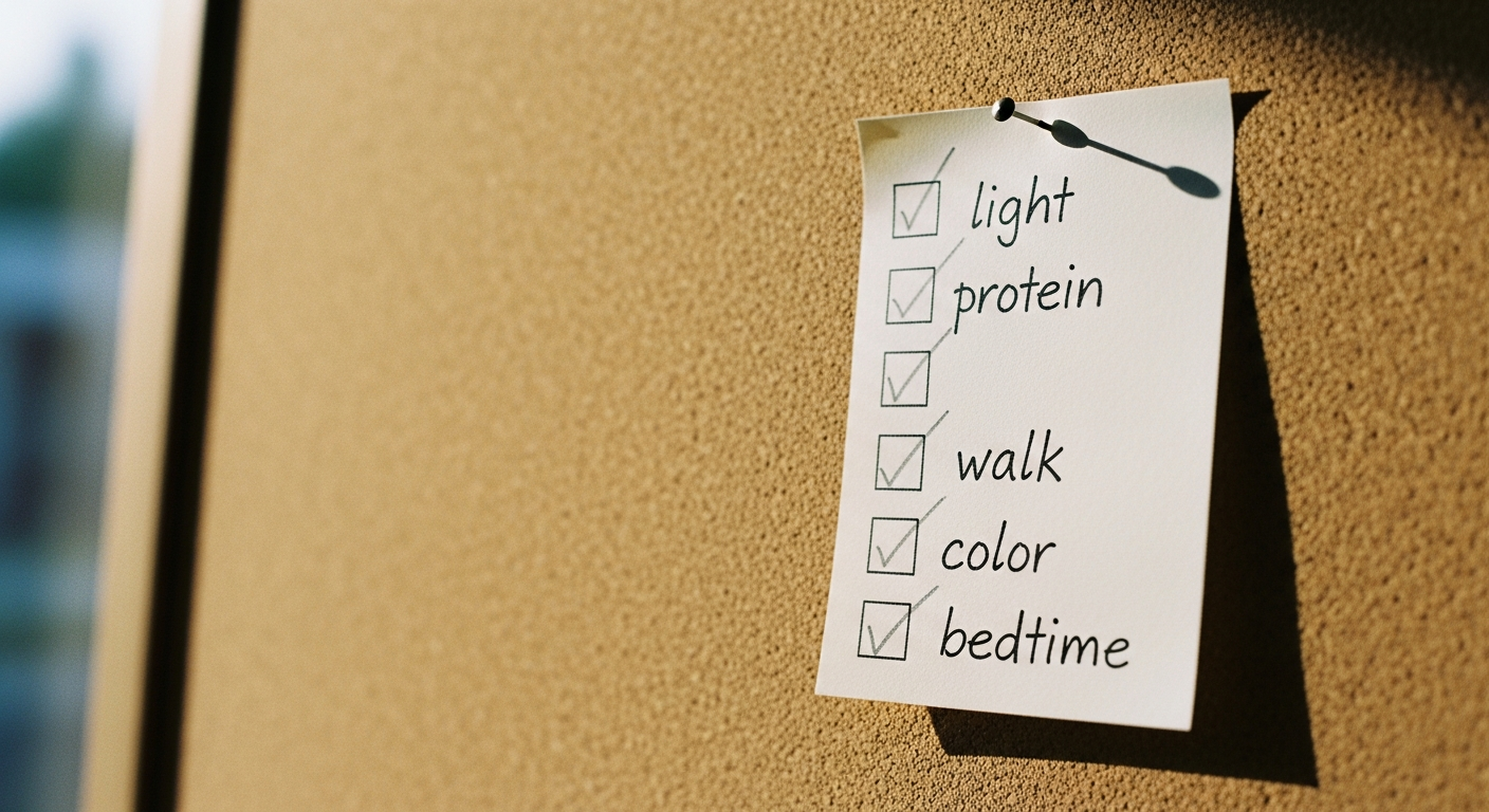Handwritten five-box daily plan in soft light