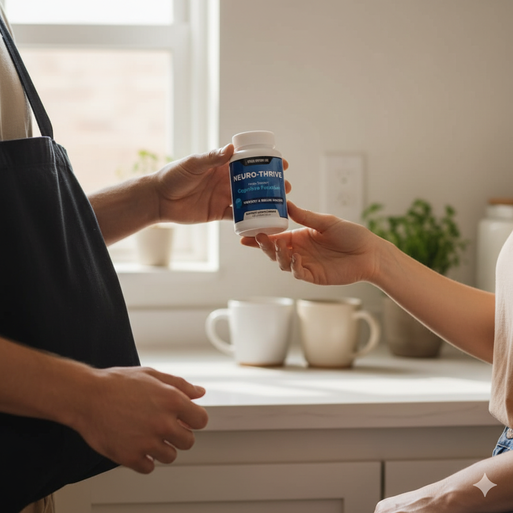 Partner handing Neuro-Thrive across a kitchen counter