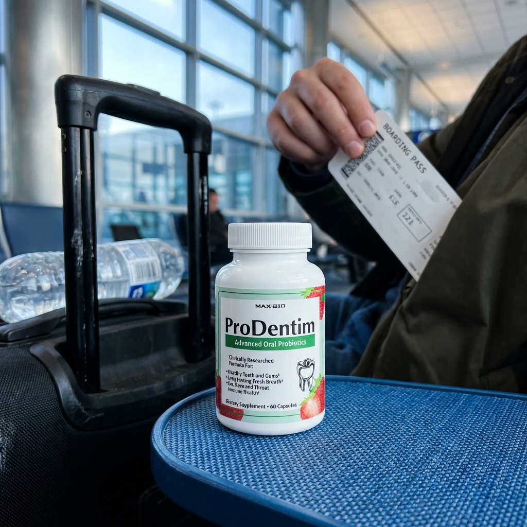 ProDentim bottle on airport armrest with boarding pass nearby