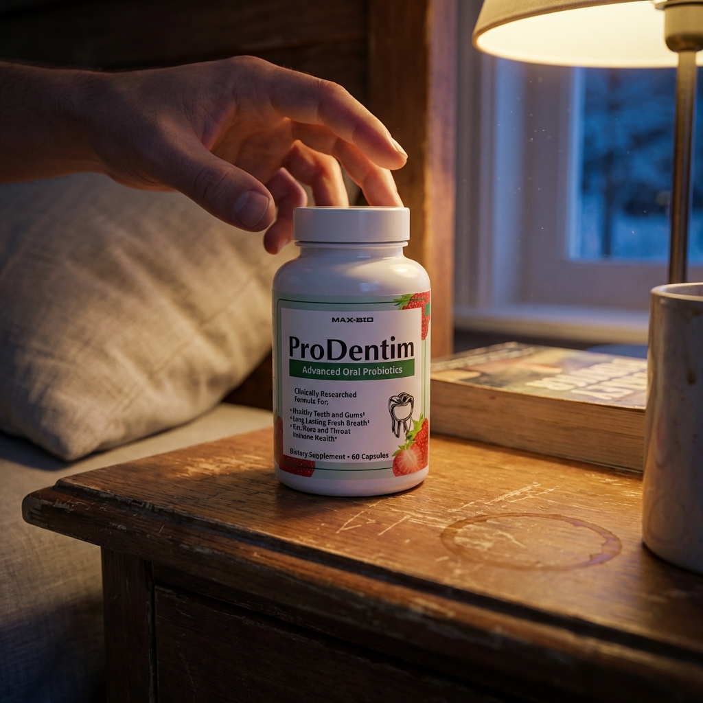 ProDentim bottle on nightstand in warm lamplight