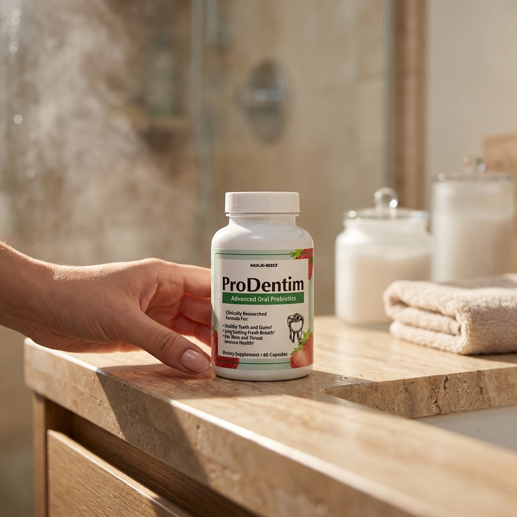 ProDentim bottle on bathroom vanity in warm morning light