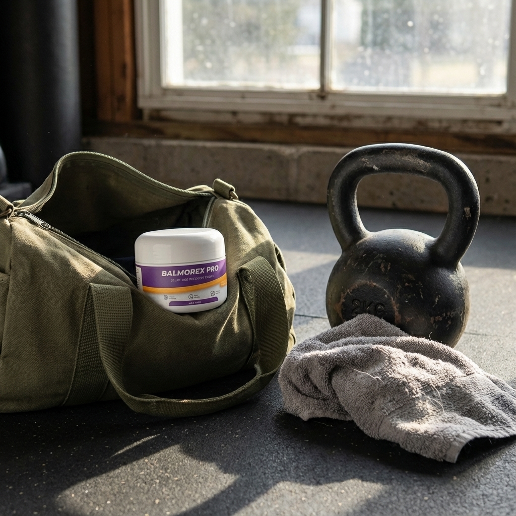 Balmorex Pro bottle beside a gym bag and weights in soft natural light