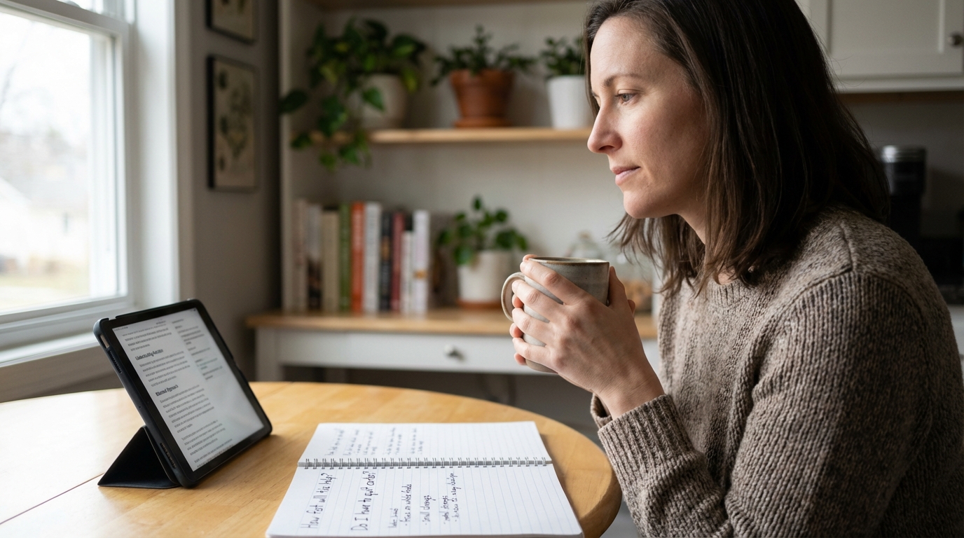 Person at a kitchen table writing simple blood sugar questions and notes in a notebook
