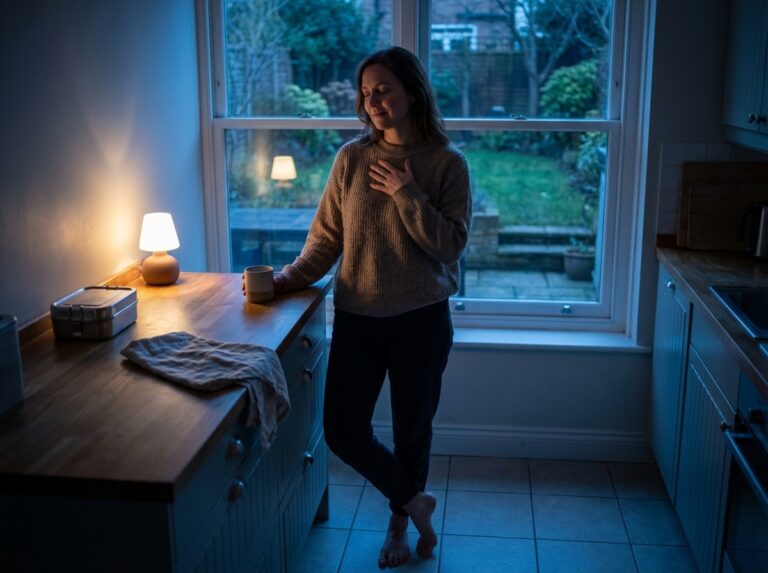 Woman in quiet kitchen at dawn breathing calmly