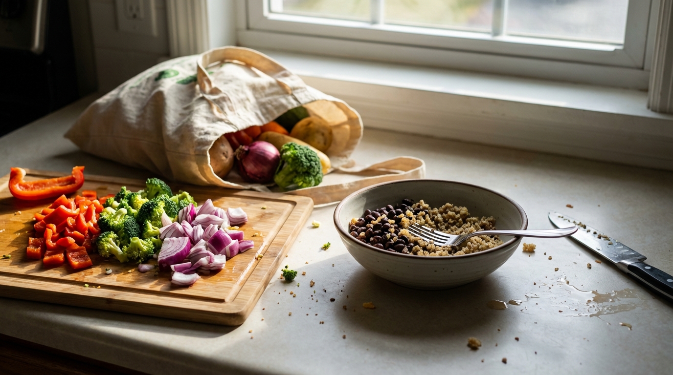 Simple meal prep ingredients in natural kitchen light