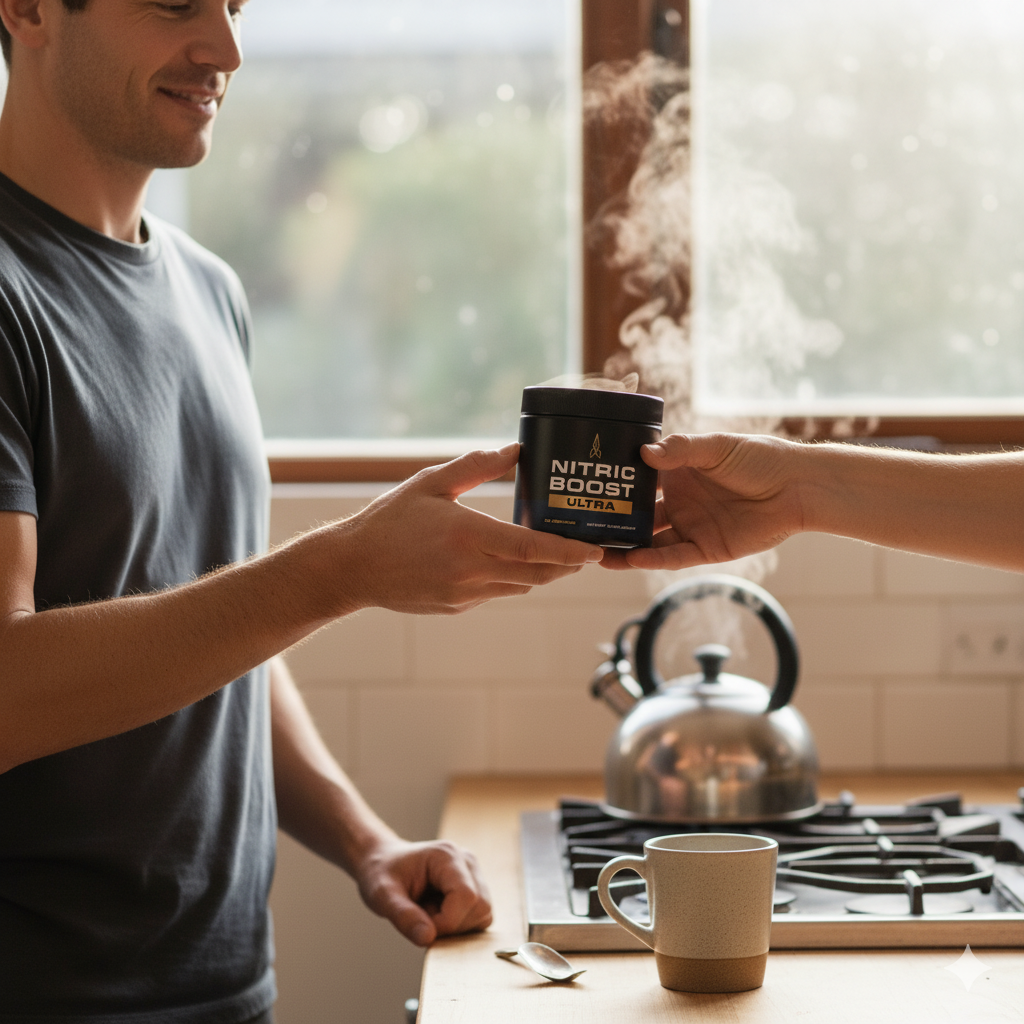 One hand passing Nitric Boost to another before a short walk