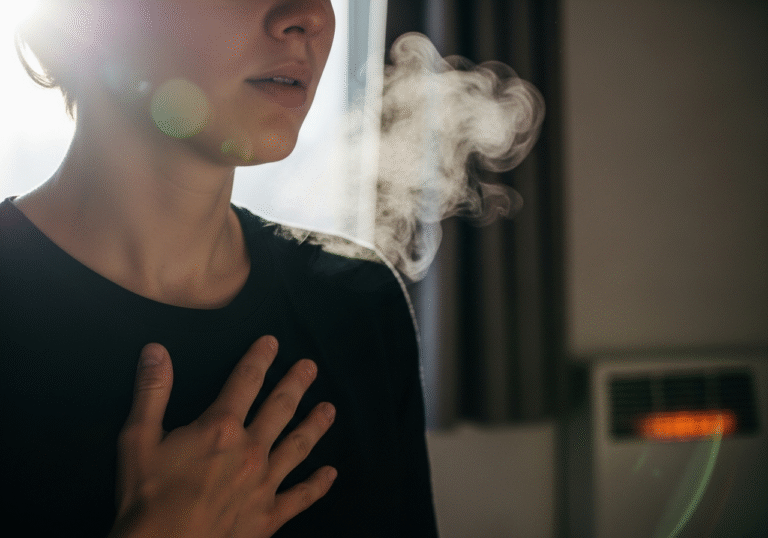 Close portrait of a calm exhale as chest eases