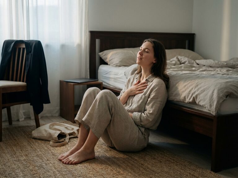 Woman sitting on bedroom floor breathing calmly in dawn light
